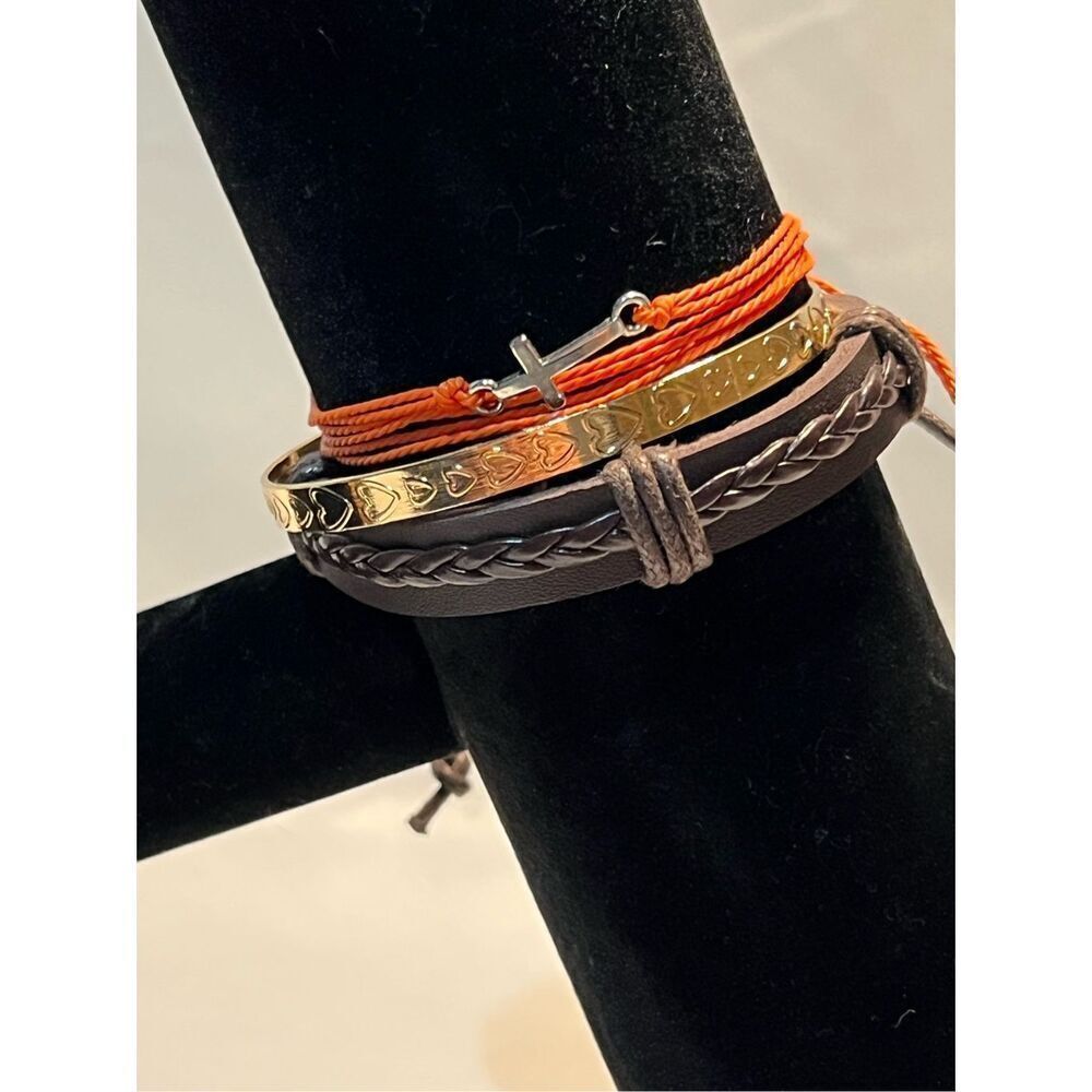 Three Stackable Bracelets Leather Adjustable, Gold Colored Metal Cuff, and Strin